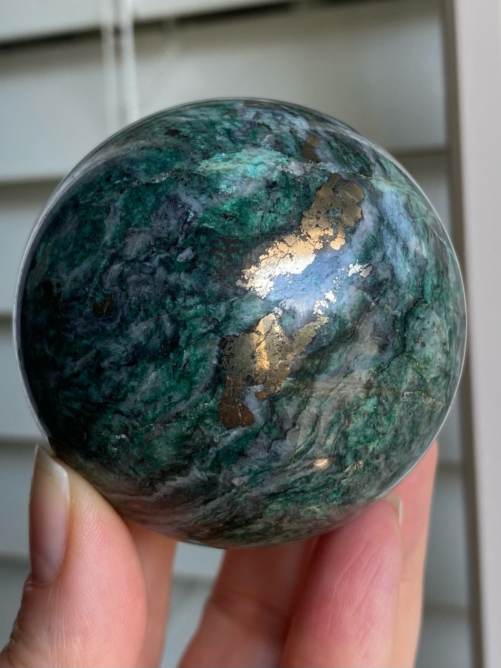✨ FUCHSITE + PYRITE SPHERE — A Lot of Green With a Little Gold ✨